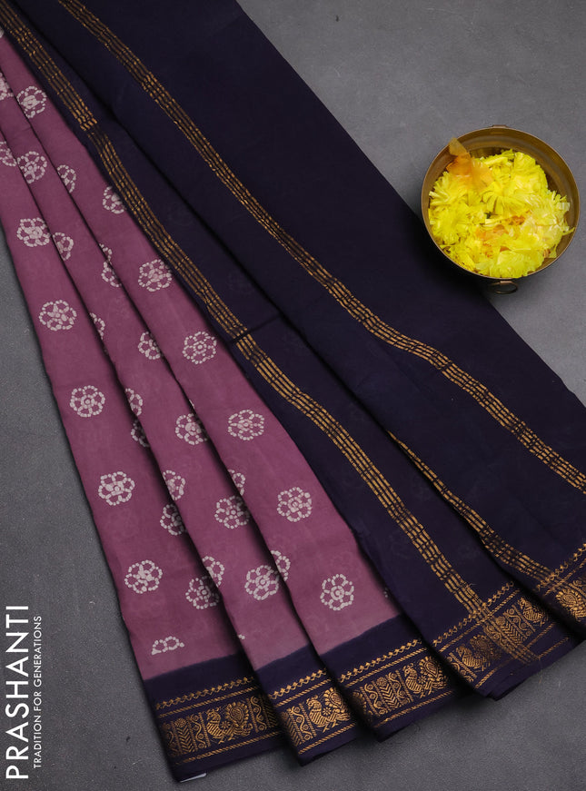 Sungudi cotton saree pastel purple and navy blue with allover batik butta prints and zari woven border