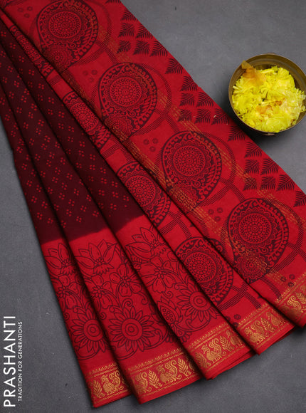 Sungudi cotton saree maroon and red with allover batik butta prints and long printed zari woven border
