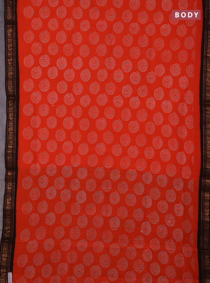Sungudi cotton saree orange and dark coffee brown with allover batik butta prints and zari woven border