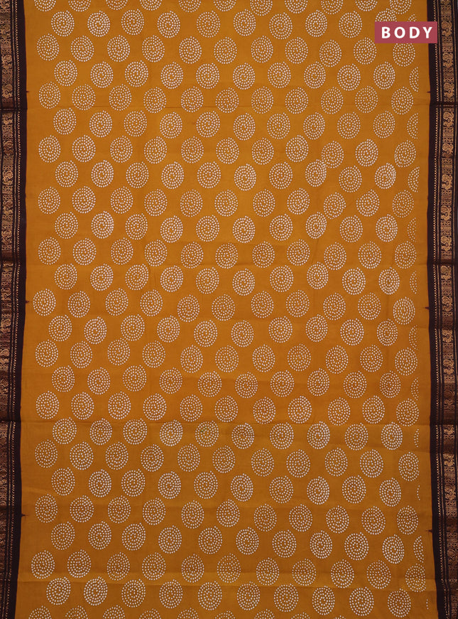 Sungudi cotton saree mustard yellow and dark coffee brown with allover batik butta prints and zari woven border