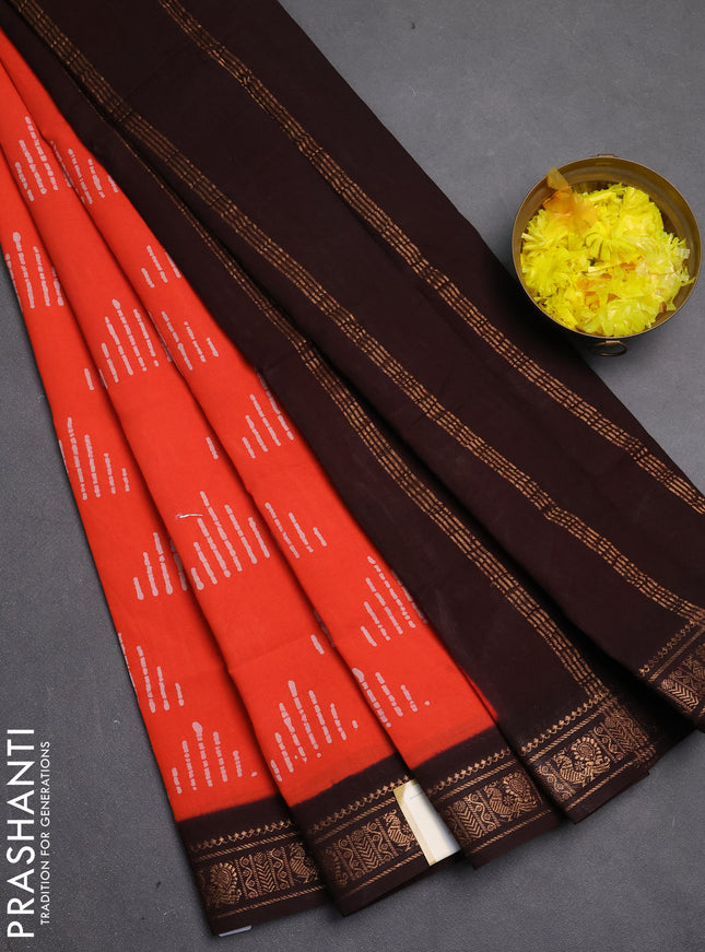 Sungudi cotton saree orange and dark coffee brown with allover batik butta prints and zari woven border