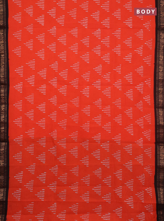 Sungudi cotton saree orange and dark coffee brown with allover batik butta prints and zari woven border