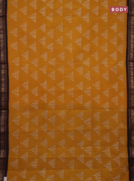 Sungudi cotton saree mustard yellow and dark coffee brown with allover batik butta prints and zari woven border