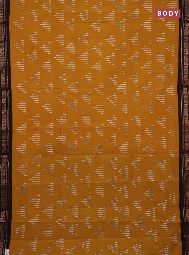 Sungudi cotton saree mustard yellow and dark coffee brown with allover batik butta prints and zari woven border