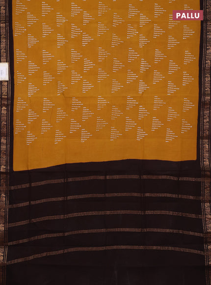 Sungudi cotton saree mustard yellow and dark coffee brown with allover batik butta prints and zari woven border