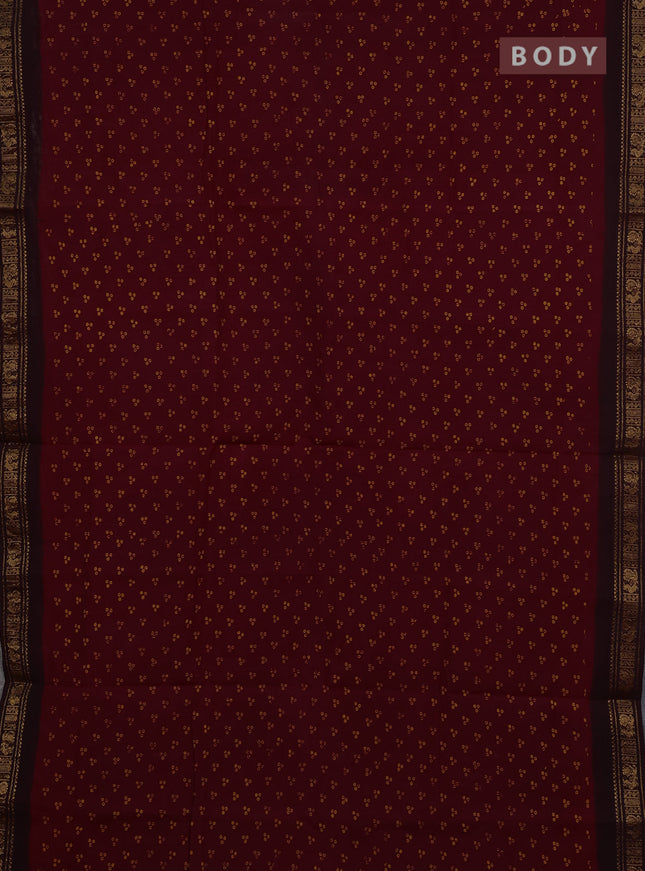 Sungudi cotton saree maroon and coffee brown with allover batik butta prints and zari woven border