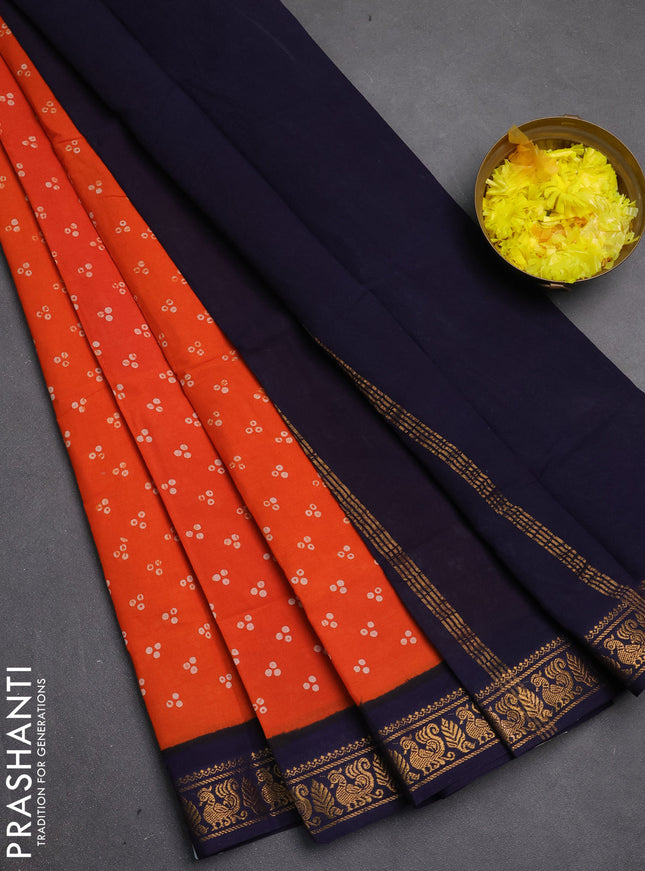 Sungudi cotton saree orange and navy blue with allover batik butta prints and zari woven border