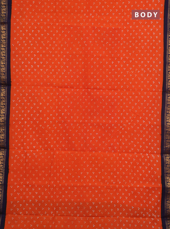 Sungudi cotton saree orange and navy blue with allover batik butta prints and zari woven border