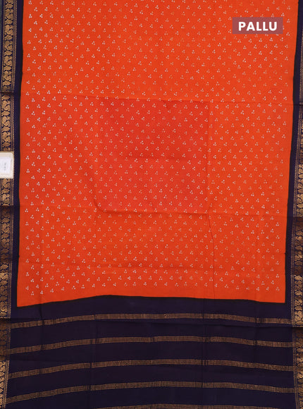 Sungudi cotton saree orange and navy blue with allover batik butta prints and zari woven border