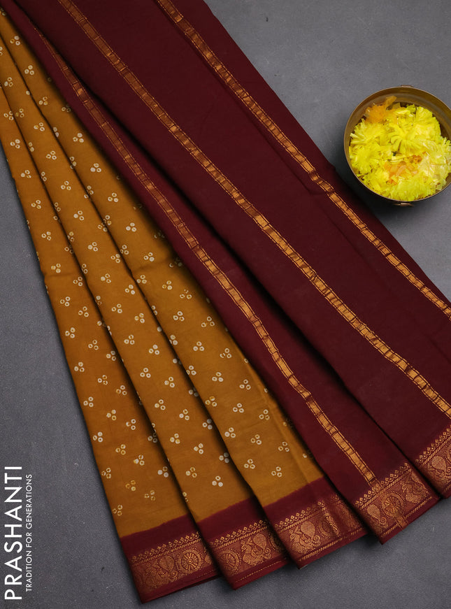 Sungudi cotton saree dark mustard yellow and maroon with allover batik butta prints and zari woven border
