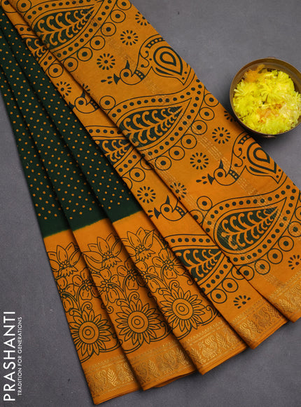 Sungudi cotton saree green and mustard yellow with allover batik butta prints and long floral printed border