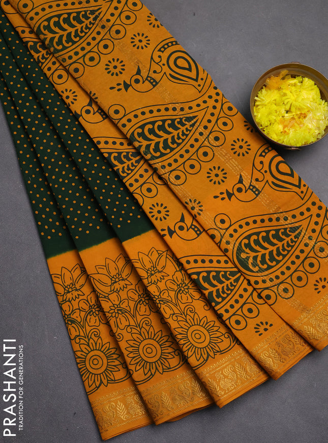 Sungudi cotton saree green and mustard yellow with allover batik butta prints and long floral printed border
