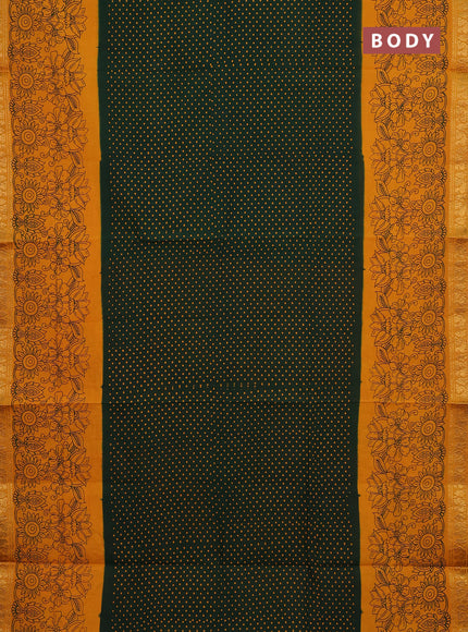 Sungudi cotton saree green and mustard yellow with allover batik butta prints and long floral printed border