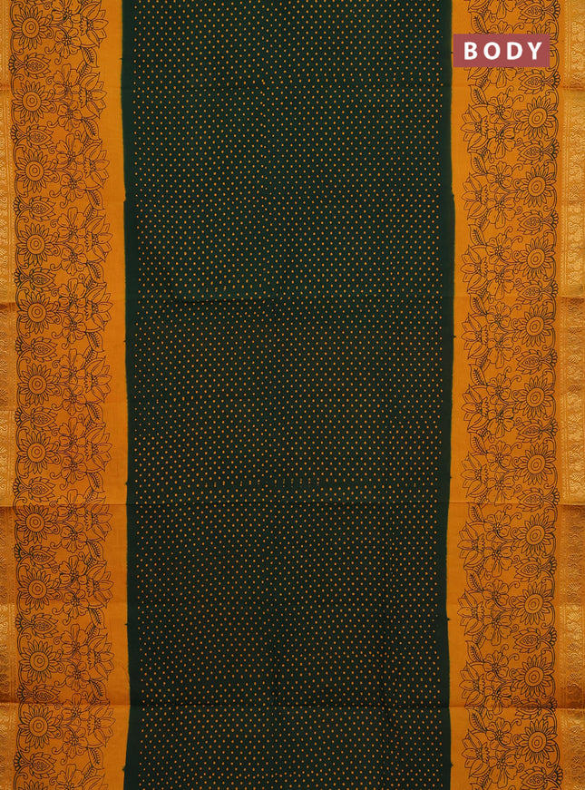 Sungudi cotton saree green and mustard yellow with allover batik butta prints and long floral printed border