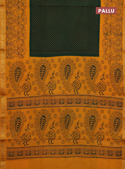 Sungudi cotton saree green and mustard yellow with allover batik butta prints and long floral printed border