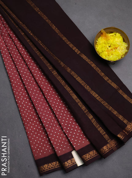 Sungudi cotton saree rosy brown and deep wine with allover batik butta prints and zari woven border
