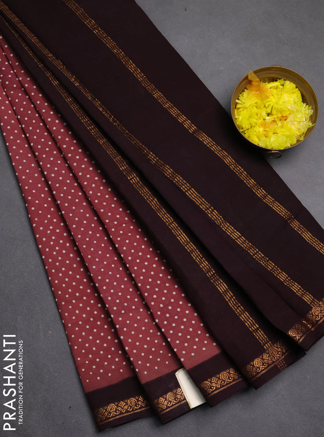 Sungudi cotton saree rosy brown and deep wine with allover batik butta prints and zari woven border