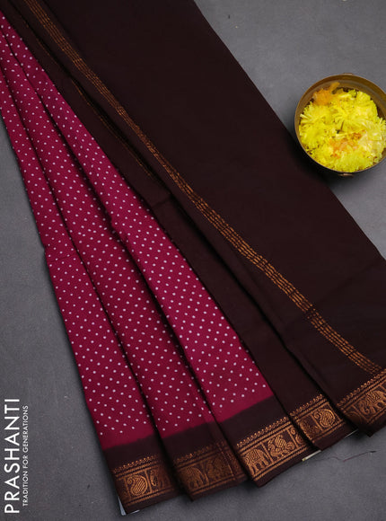 Sungudi cotton saree wine shade and dark coffee brown with allover batik butta prints and zari woven border