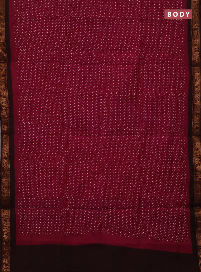 Sungudi cotton saree wine shade and dark coffee brown with allover batik butta prints and zari woven border