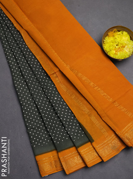Sungudi cotton saree elephant grey and mustard yellow with allover batik butta prints and zari woven border