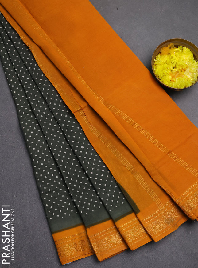 Sungudi cotton saree elephant grey and mustard yellow with allover batik butta prints and zari woven border