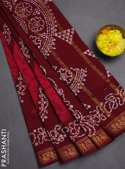 Sungudi cotton saree maroon with allover batik prints and zari woven border