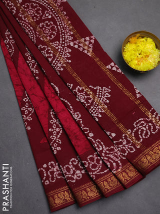 Sungudi cotton saree maroon with allover batik prints and zari woven border