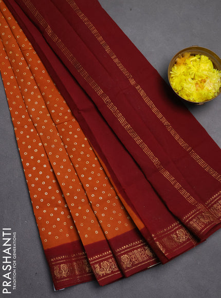 Sungudi cotton saree mustard yellow and maroon with allover batik butta prints and zari woven border