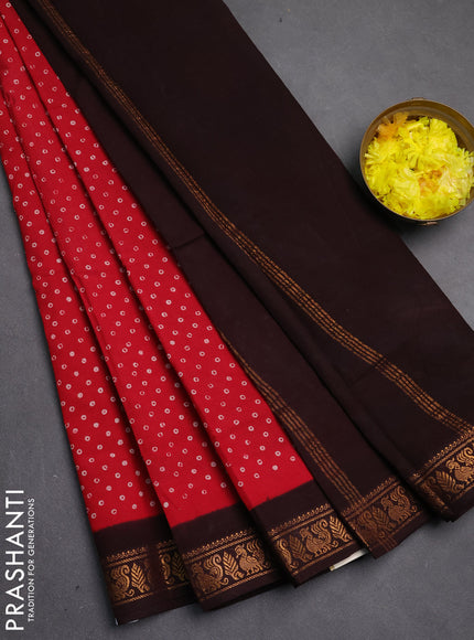 Sungudi cotton saree red and coffee brown with allover batik butta prints and zari woven border