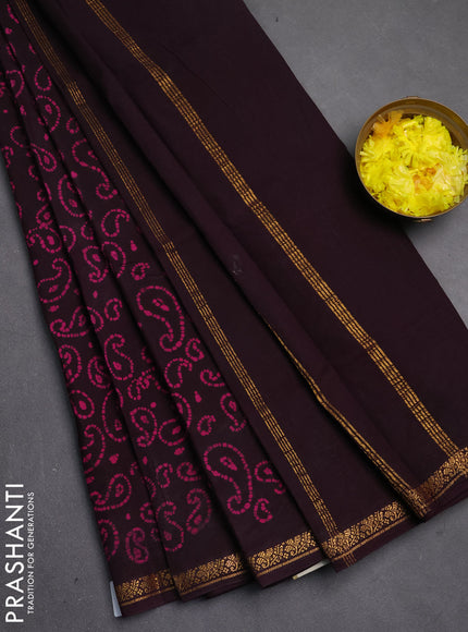 Sungudi cotton saree deep wine with allover batik butta prints and zari woven border