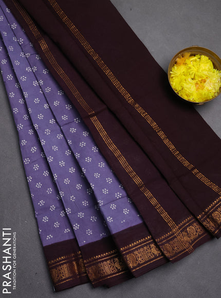 Sungudi cotton saree bluish grey and deep wine with allover batik butta prints and zari woven border