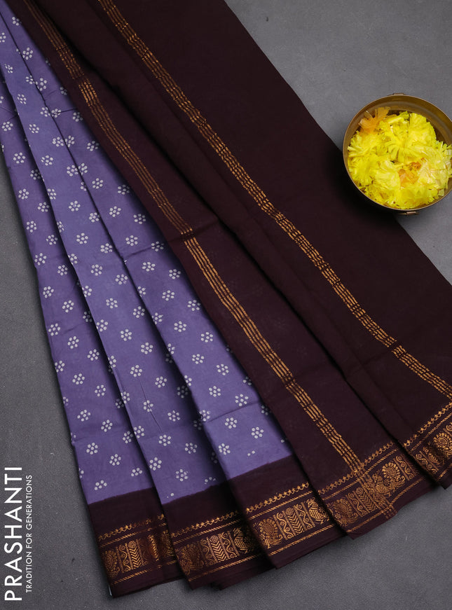 Sungudi cotton saree bluish grey and deep wine with allover batik butta prints and zari woven border