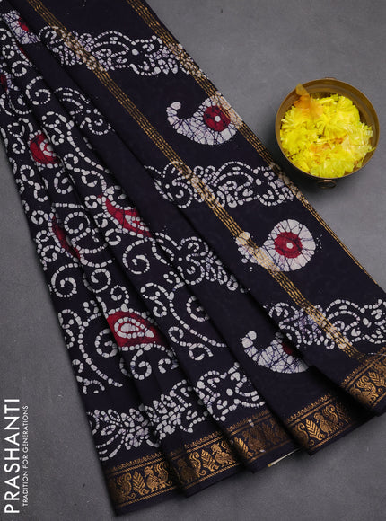 Sungudi cotton saree navy blue with allover batik prints and zari woven printed border