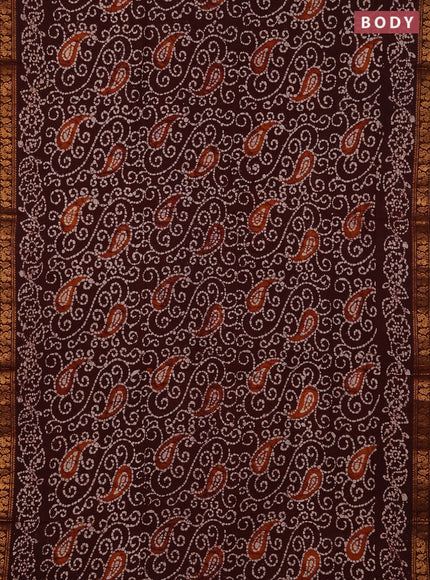 Sungudi cotton saree deep brown with allover batik prints and printed zari woven border