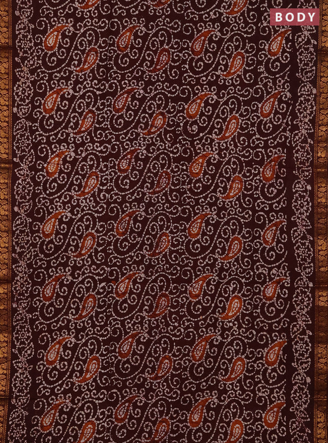 Sungudi cotton saree deep brown with allover batik prints and printed zari woven border