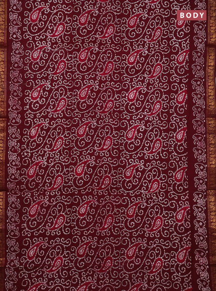 Sungudi cotton saree maroon shade with allover batik prints and zari woven printed border