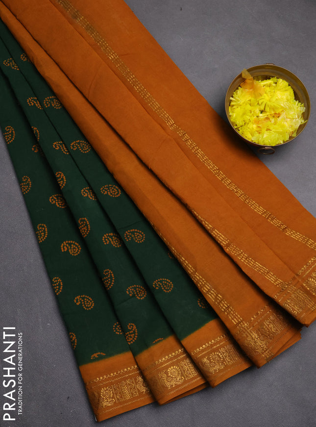 Sungudi cotton saree green  and mustard yellow with allover paisley batik butta prints and zari woven border