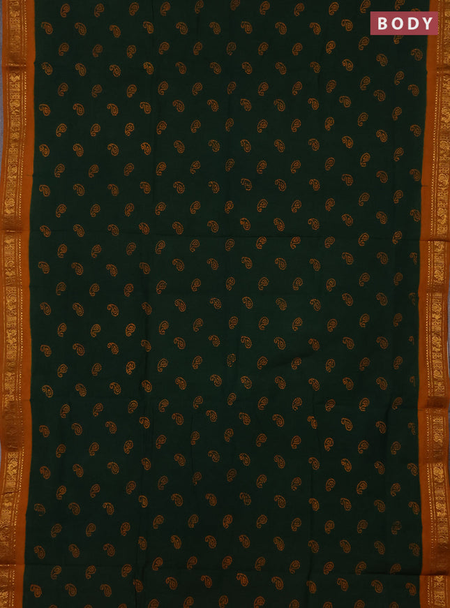 Sungudi cotton saree green  and mustard yellow with allover paisley batik butta prints and zari woven border