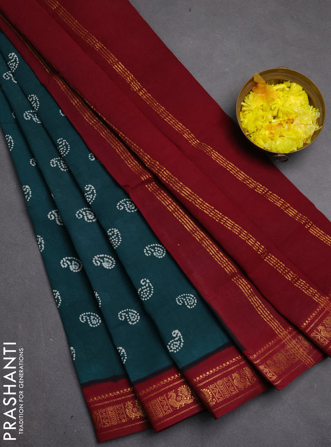 Sungudi cotton saree peacock green and maroon with allover paisley batik butta prints and zari woven border