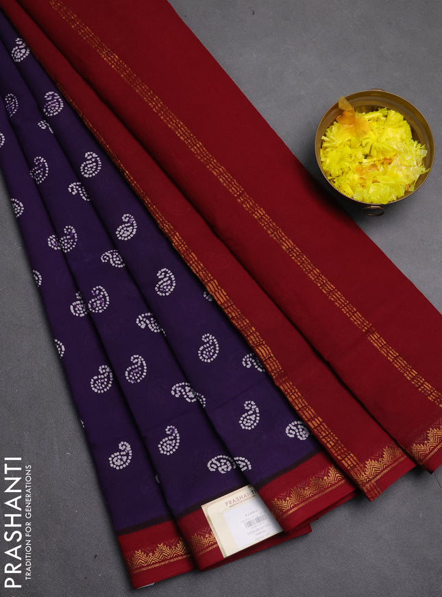 Sungudi cotton saree deep violet and maroon with allover paisley batik butta prints and zari woven border