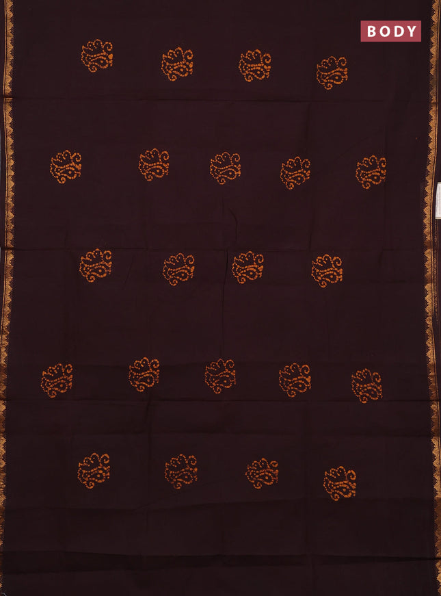 Sungudi cotton saree coffee brown with allover batik butta prints and zari woven border