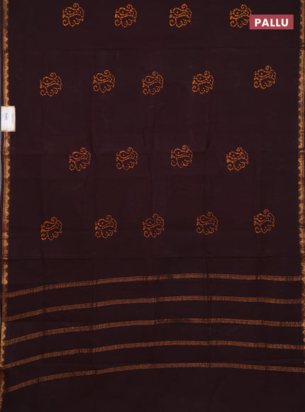 Sungudi cotton saree coffee brown with allover batik butta prints and zari woven border