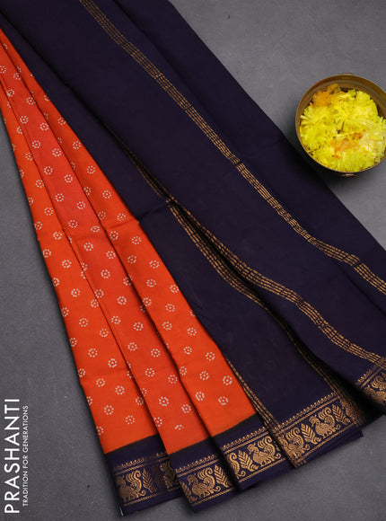 Sungudi cotton saree orange and navy blue with allover batik butta prints and zari woven border