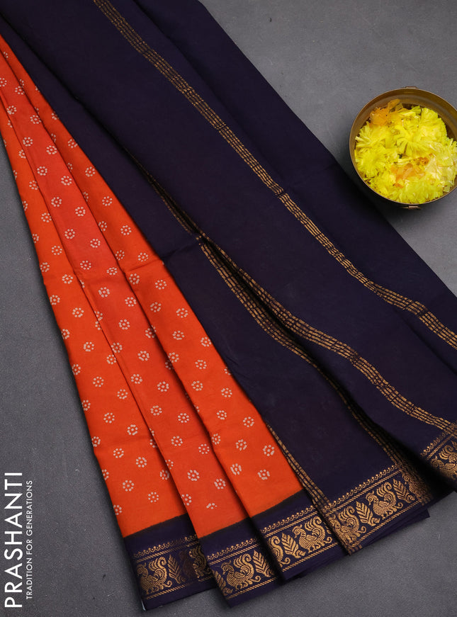 Sungudi cotton saree orange and navy blue with allover batik butta prints and zari woven border