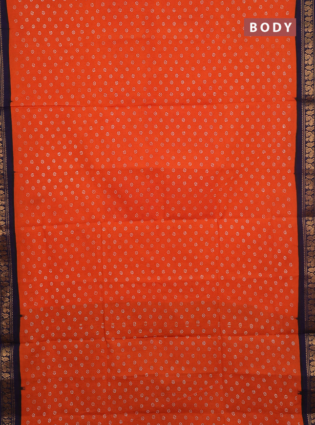 Sungudi cotton saree orange and navy blue with allover batik butta prints and zari woven border