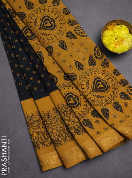 Sungudi cotton saree black and mustard yellow with allover batik butta prints and long printed border