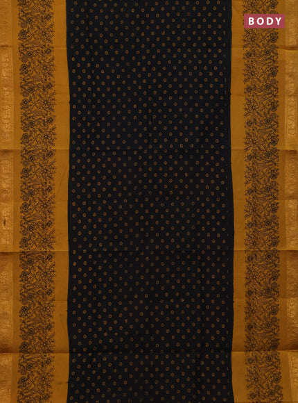 Sungudi cotton saree black and mustard yellow with allover batik butta prints and long printed border