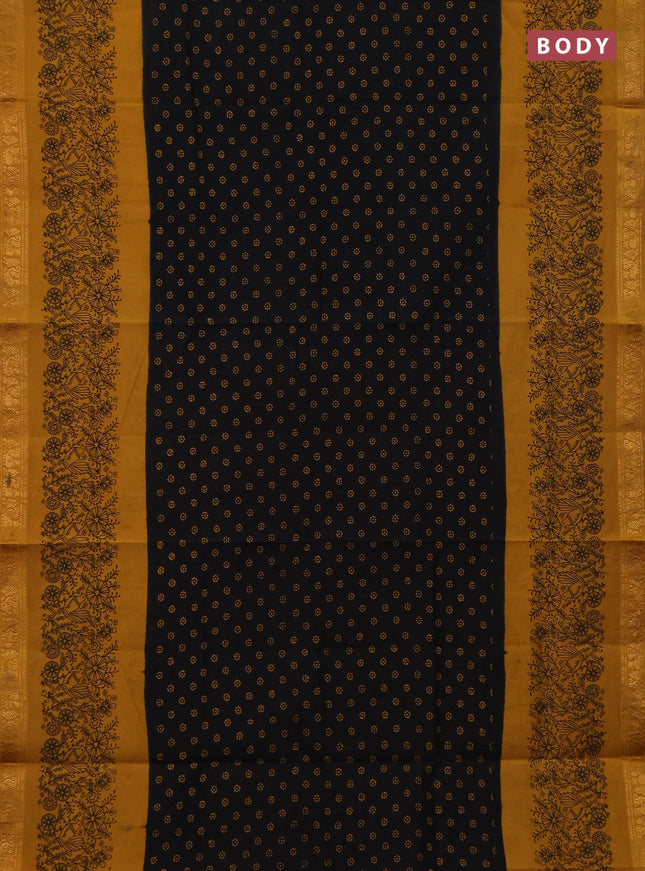 Sungudi cotton saree black and mustard yellow with allover batik butta prints and long printed border
