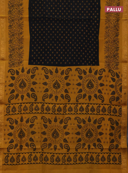 Sungudi cotton saree black and mustard yellow with allover batik butta prints and long printed border