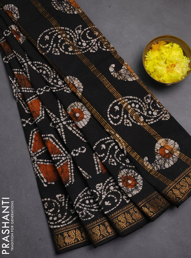 Sungudi cotton saree black with allover batik geometric prints and zari woven printed border